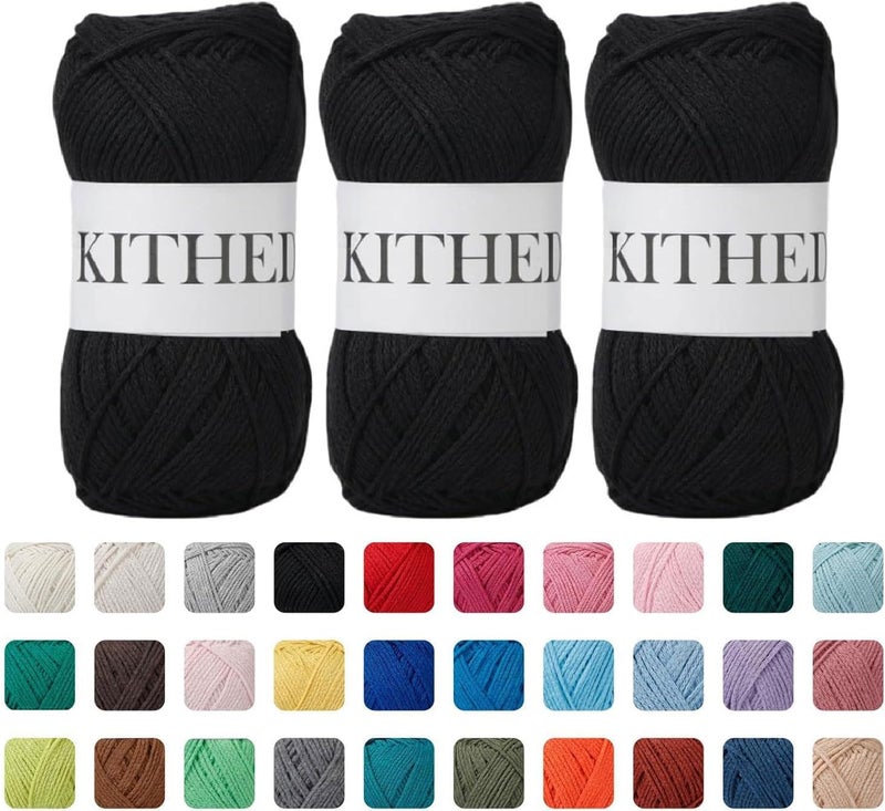 KITHED Cotton Yarn，10.5oz，526yard，3 Pack ，Soft Yarn for Crocheting and Knitting (04 Black) - Image 1